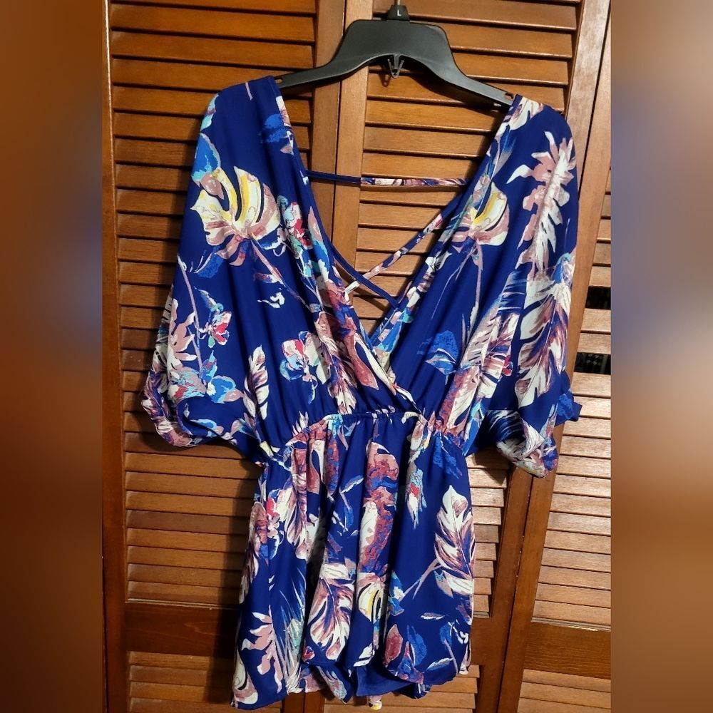She + Sky Floral, And Feather Print Romper in Blue and Pink. Ladies Size MED